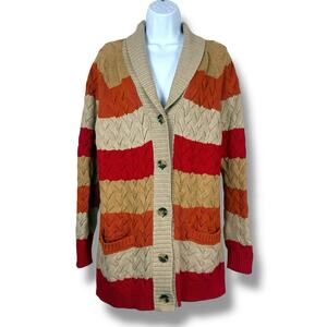 Lands’ End Sweater Womens Medium Tan Drifter Cable Knit Cardigan Chunky Striped